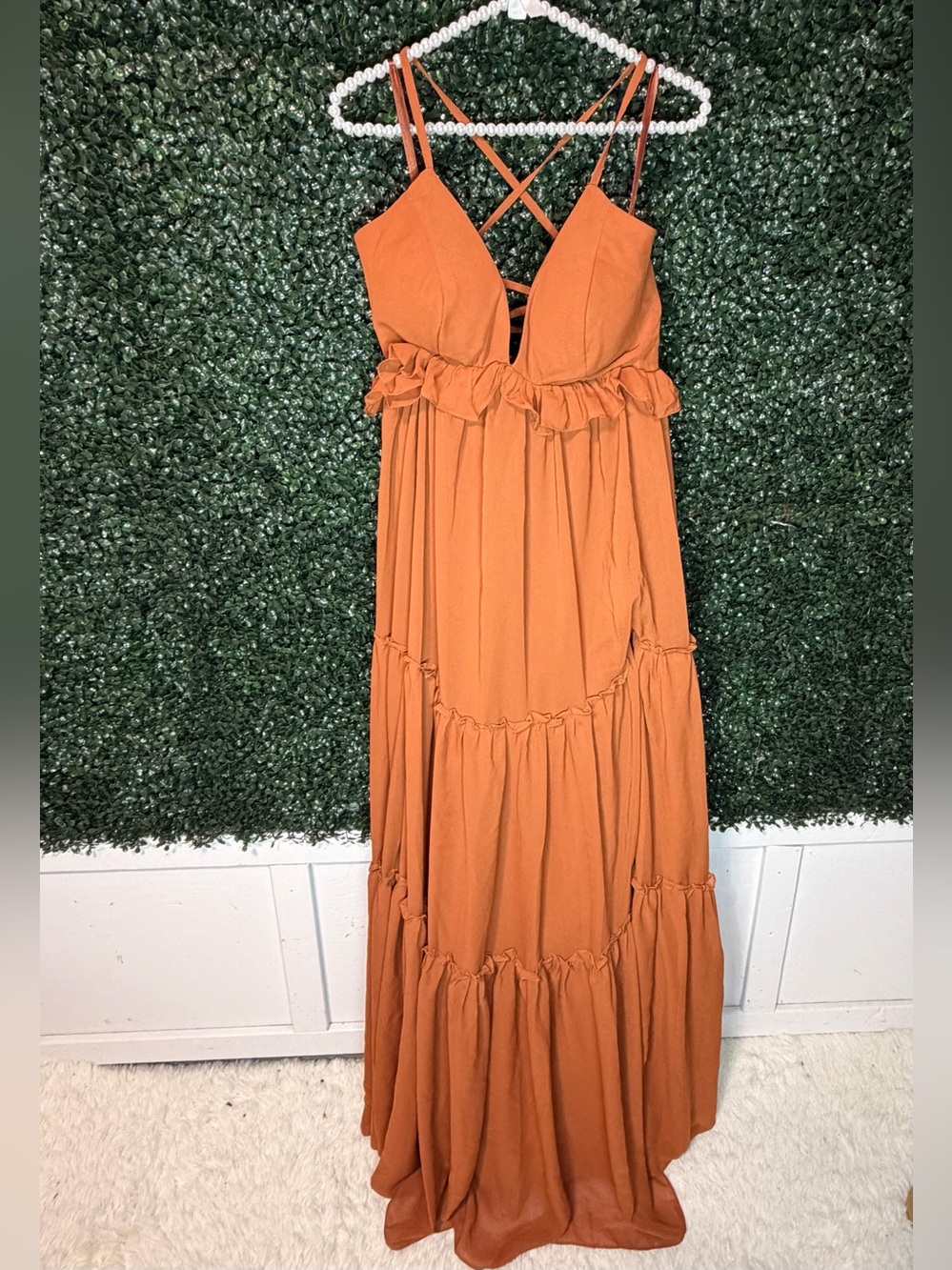 Rust Orange Tiered Maxi Dress with Crisscross Back